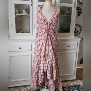 Rainbow Dreams Free People Multicolor Plaid Halter Tie Front Maxi Dress